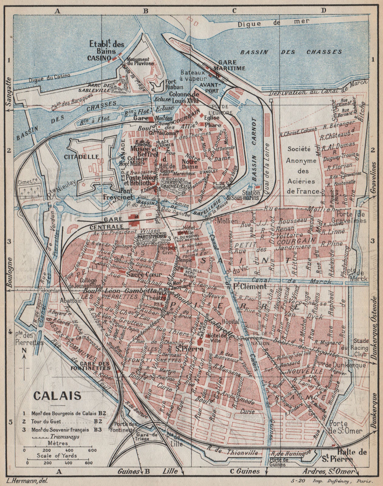 CALAIS. Vintage town city ville map plan carte. Pas-De-Calais 1922 old